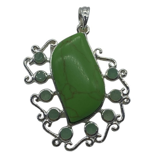 Green Turquoise Gemstone Sterling Silver 925 Pendant 2.5in - Picture 1 of 5